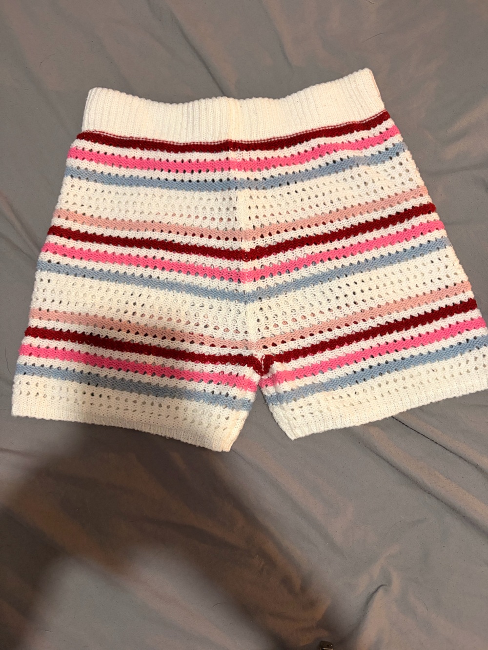 Crocheted Striped Shorts in Cream, Pink, Blue & Red